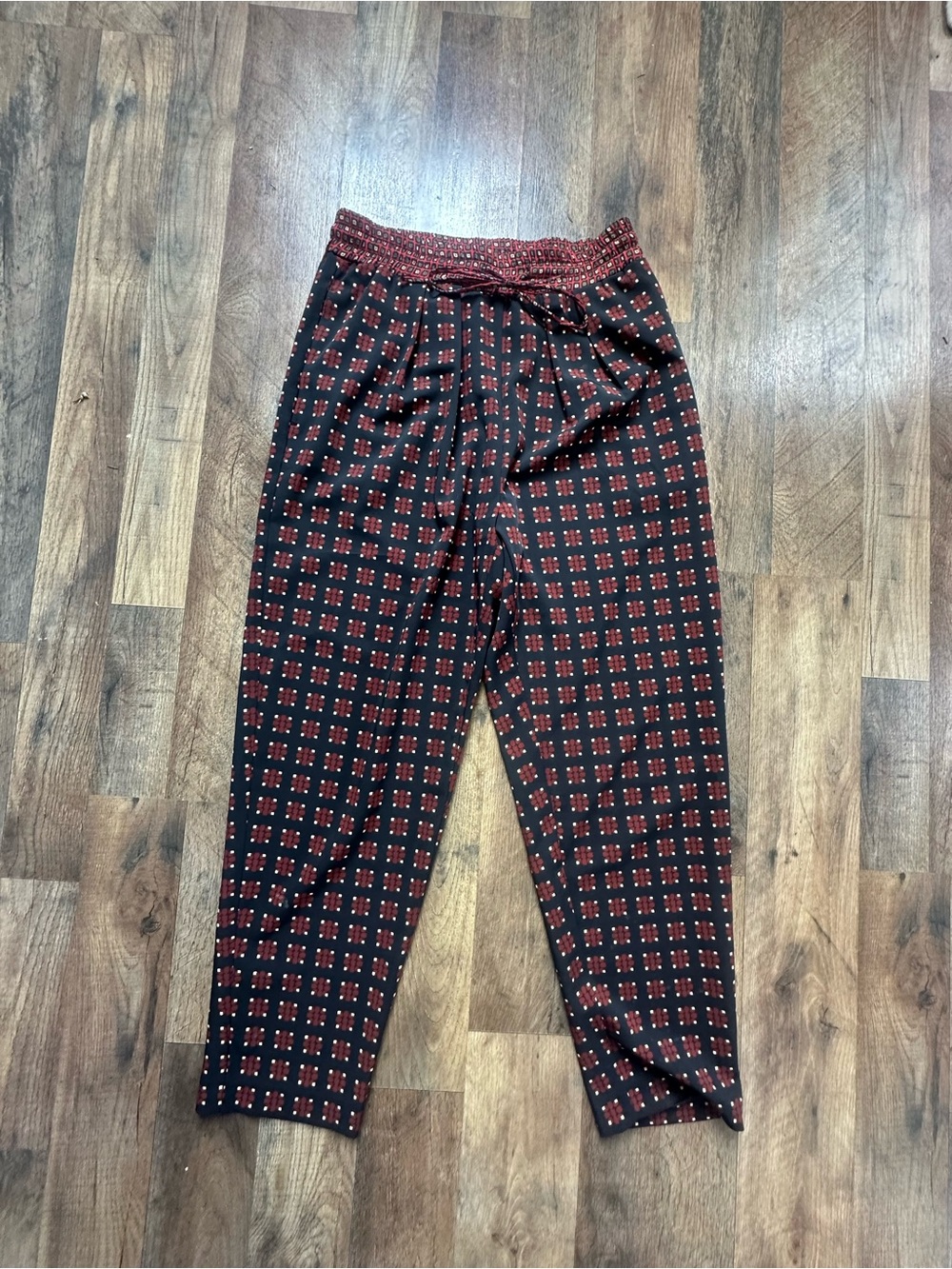 Zara Black Silk Pants with Red Geometric Print